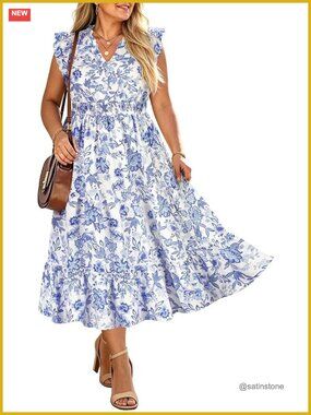 Plus Size Boho Maxi Dress V-Neck Cap Sleeve Floral Tiered Smocked Ruffle Pockets